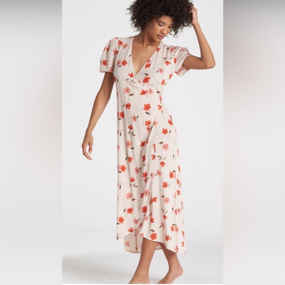 Billabong Floral Fields True Wrap Button Detail Midi Dress Boho Preppy Romantic